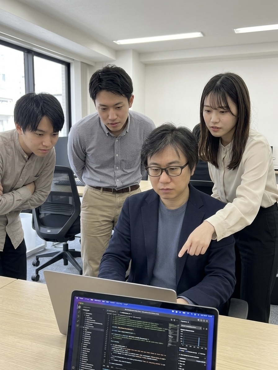 制作画面を見ながら打ち合わせをするTSUNAGUの制作チーム